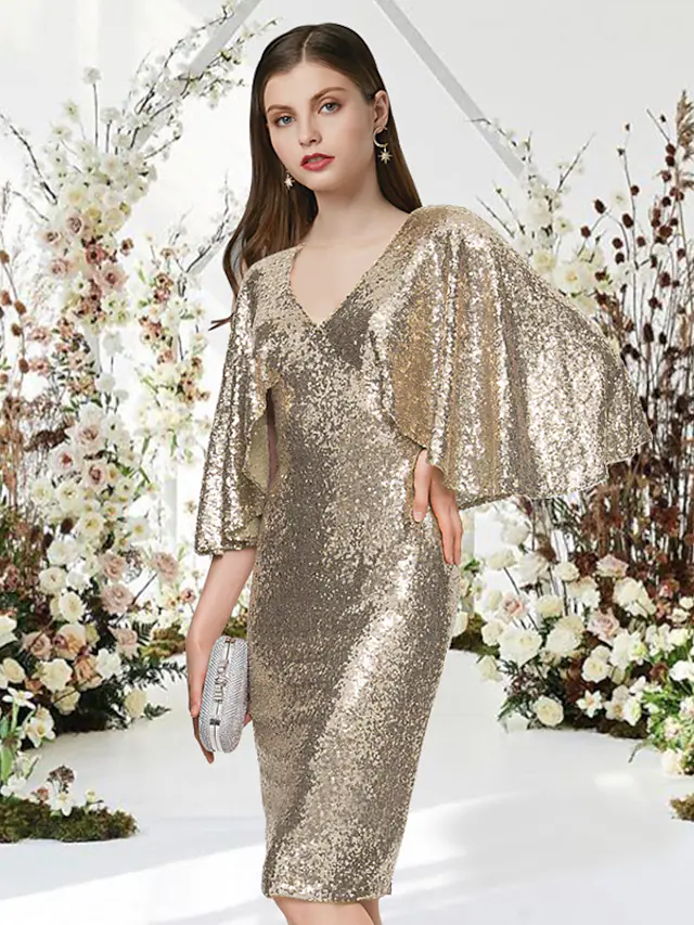 Glittering Sparkle Graduation Cocktail Party Dress V Neck Half Sleeve Knee Length Sequined with Sleek