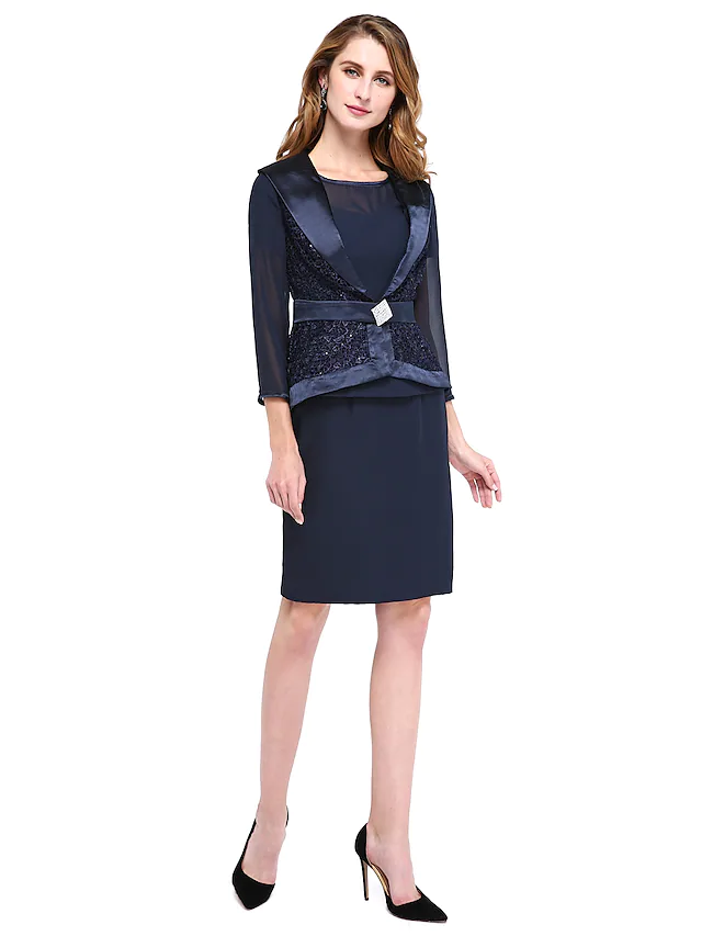 Kleid für die Mutter der Braut, zweiteilig, Wickelkleid inklusive, Rundhalsausschnitt, knielang, Chiffon, Spitzenärmel mit Kristallbrosche, Schärpe, Band