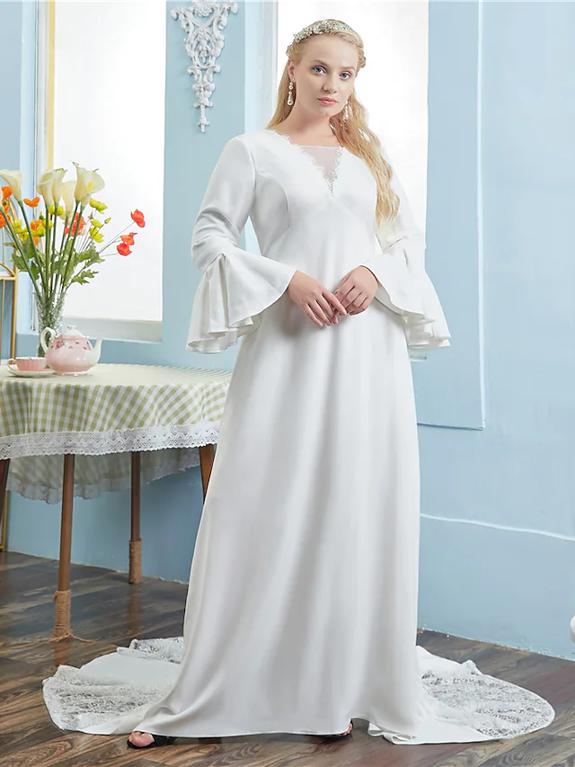 A-Line Wedding Dresses V Neck Chapel Train Lace Italy Satin Long Sleeve Vintage Plus Size with Pleats Lace Insert