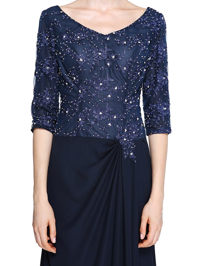 Mother of the Bride Dress Elegant V Neck Ankle Length Chiffon Lace Half Sleeve with Lace