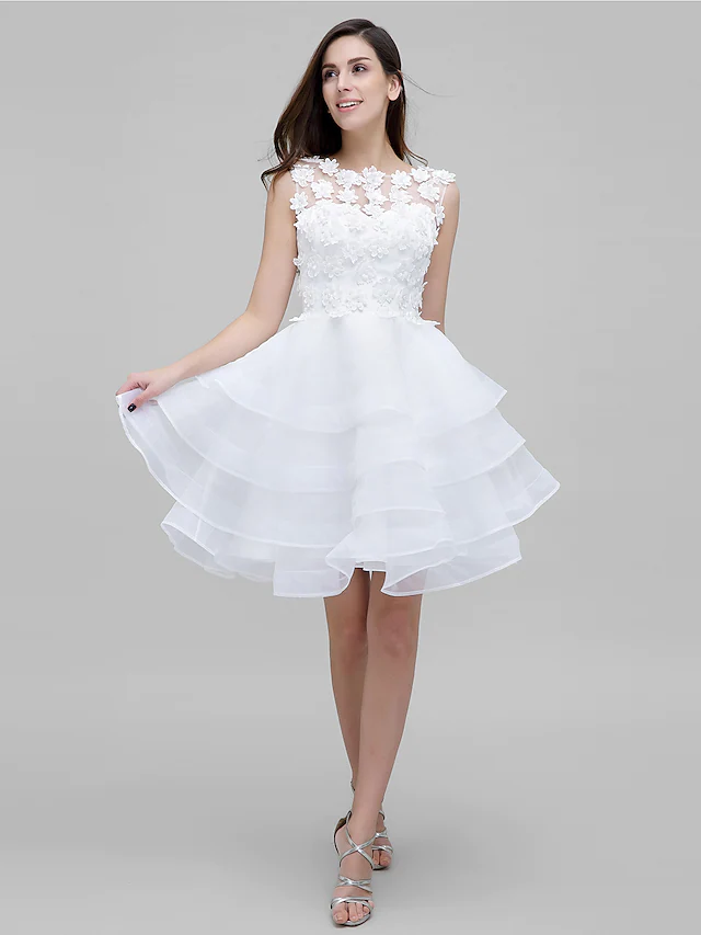 Ball Gown Holiday Homecoming Cocktail Party Dress Illusion Neck Sleeveless Knee Length Tulle Floral Lace with Flower Flounced