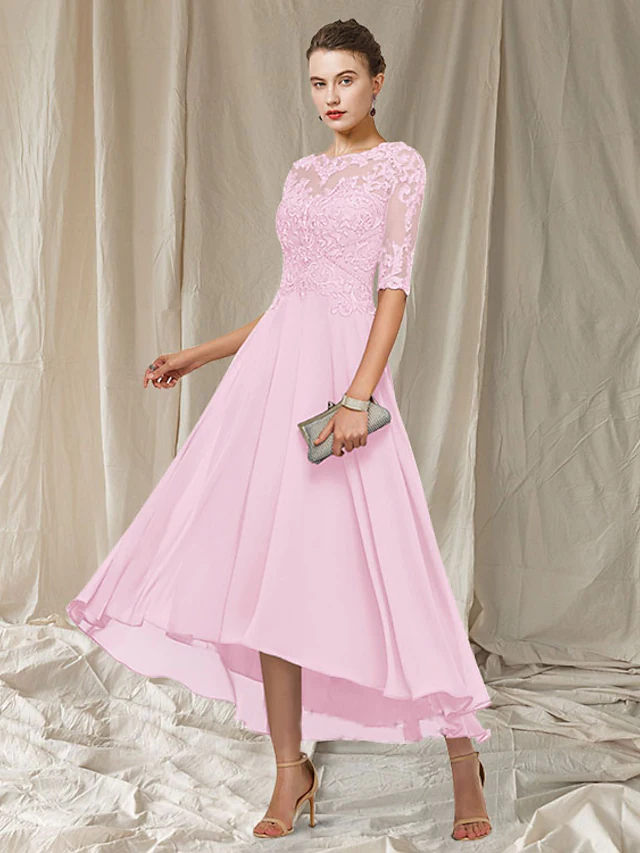A-Line Mother of the Bride Dress Elegant Jewel Neck Asymmetrical Ankle Length Chiffon Lace Half Sleeve with Pleats Appliques