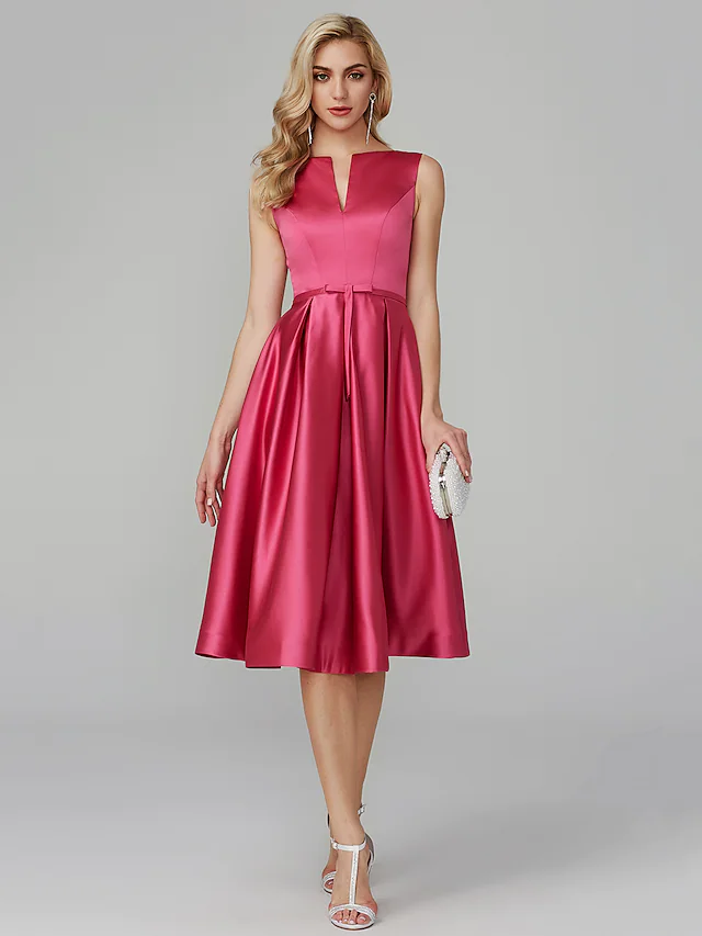 A-Line Minimalist Elegant Cocktail Party Prom Valentine's Day Dress V Wire Sleeveless Knee Length Satin with Sash  Ribbon
