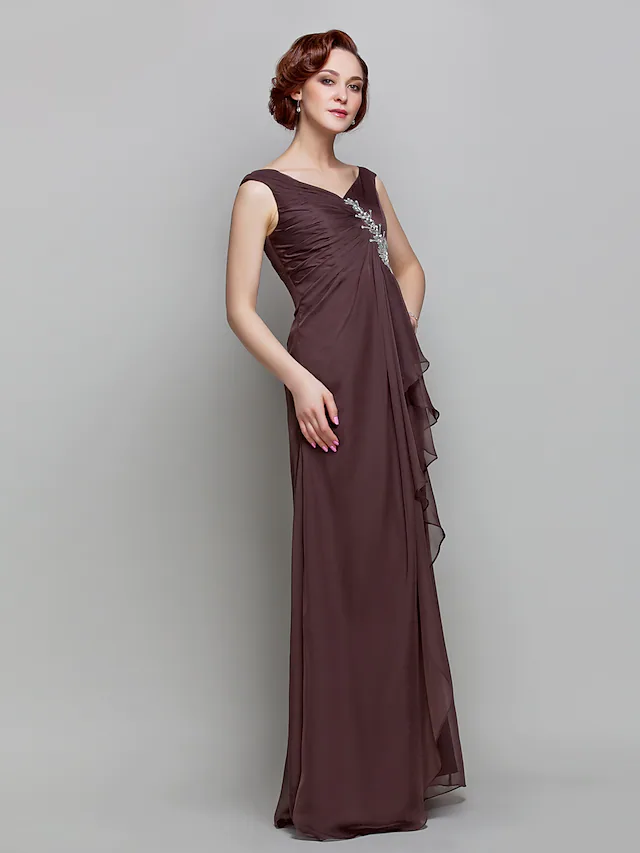 A-line V-neck chiffon mother of the bride gown with side draping and ruffles.