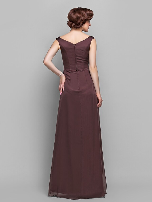 Back view of the A-line chiffon gown, showing the elegant floor-length design.