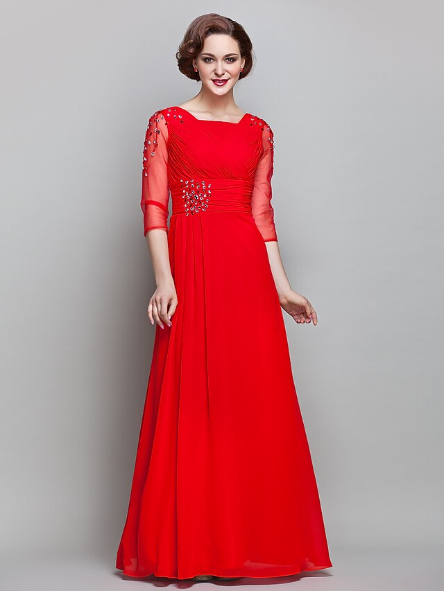 Mother of the Bride dress with square neck and 3/4 sleeves, front view.