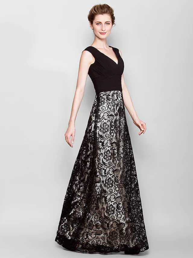 Front view of a vintage-inspired V-neck lace georgette Mother of the Bride dress.