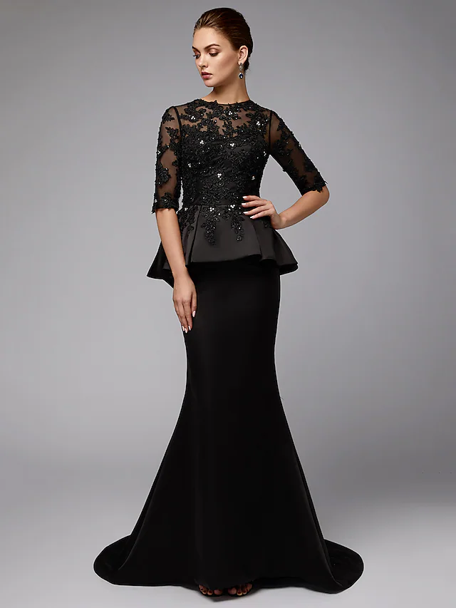 Mother of the Bride Dress Sexy See Through Jewel Neck  Lace Satin Half Sleeve with Beading Appliques