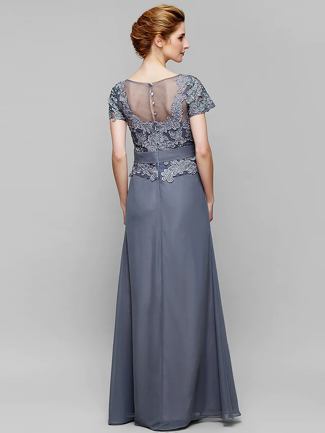 Kleid für die Brautmutter, elegant, V-Ausschnitt, bodenlang, Chiffon, Spitze, kurze Ärmel mit Spitze