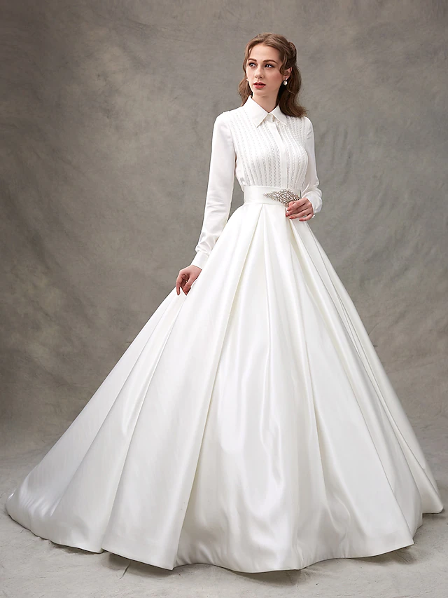 Ball Gown Wedding Dresses High Neck  Satin Long Sleeve Glamorous Sparkle & Shine with Bowknot Sash  Ribbon Beading