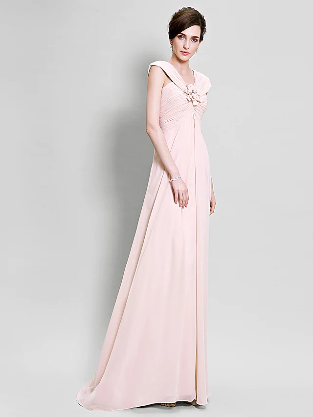 Kleid für die Brautmutter, geblümt, V-Ausschnitt, bodenlang, Chiffon, ärmellos, mit überkreuzten Blumen