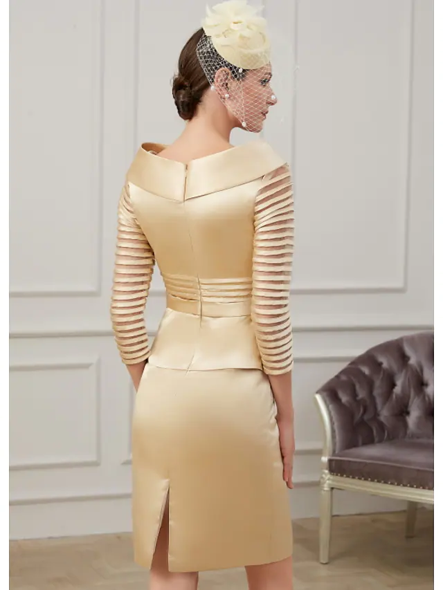 Kleid für die Brautmutter, Übergröße, schulterfrei, knielang, Polyester, 3/4-Ärmel mit Rüschen