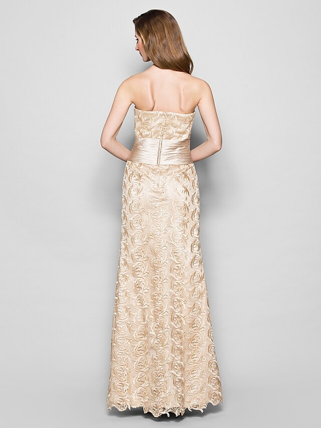 Mother of the Bride Dress Wrap Included Sweetheart Neckline Floor Length Lace Satin 3/4 Length Sleeve with Sash  Ribbon Ruched