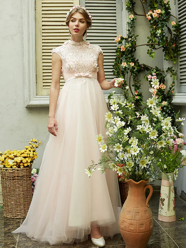 A-Line Wedding Dresses High Neck Sweep  Brush Train Tulle Short Sleeve Open Back with Bowknot Sash  Ribbon Beading