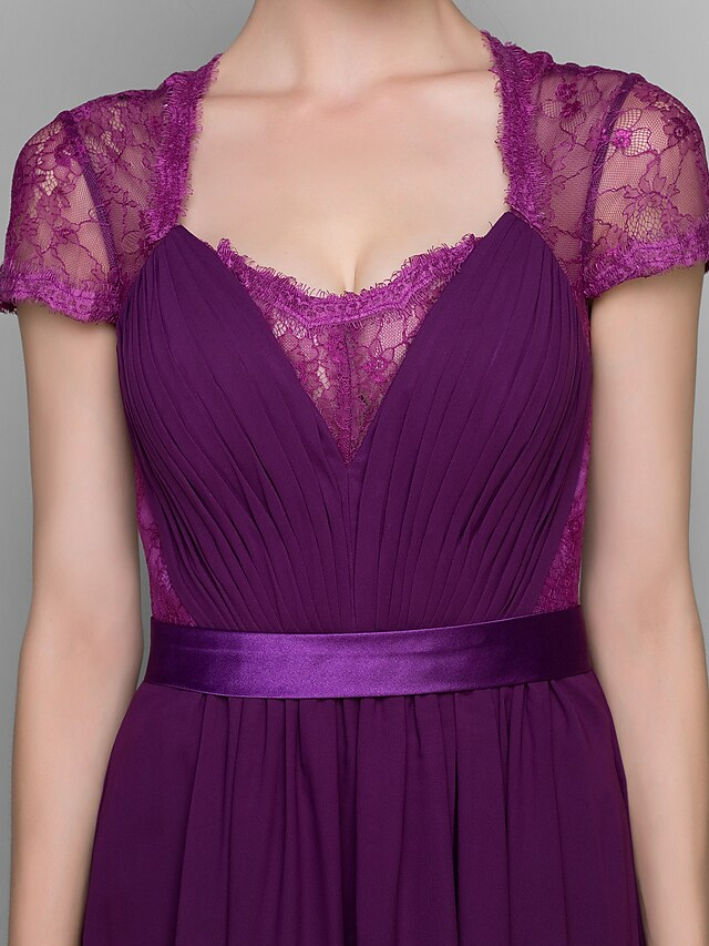 A-Line  Mother of the Bride Dress Square Neck Floor Length Chiffon Lace Short Sleeve with Lace