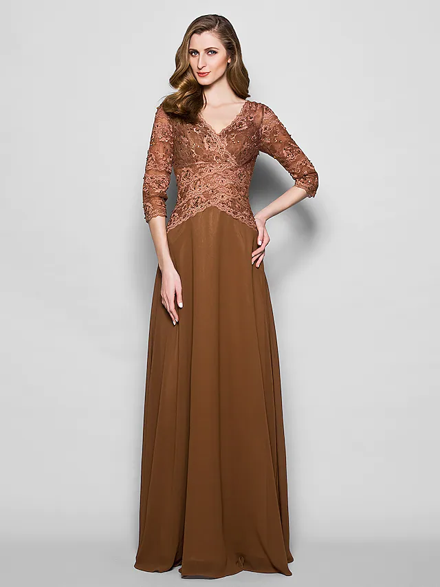 A-Line Mother of the Bride Dress V Neck Floor Length Lace Georgette  Length Sleeve with Lace Beading