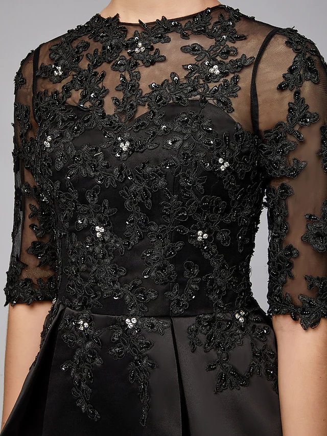 Mother of the Bride Dress Sexy See Through Jewel Neck  Lace Satin Half Sleeve with Beading Appliques