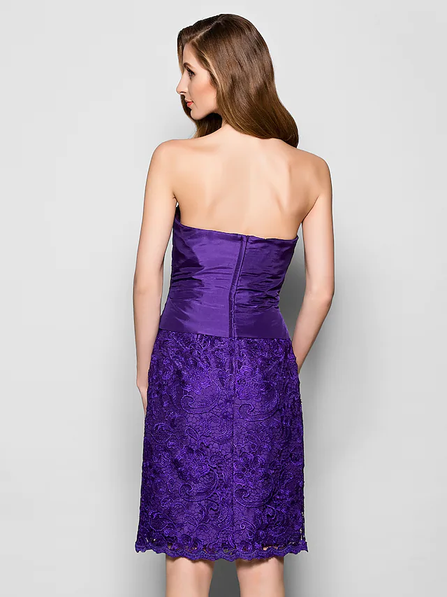 Mother of the Bride Dress Strapless Knee Length Lace Taffeta Sleeveless with Lace Pleats