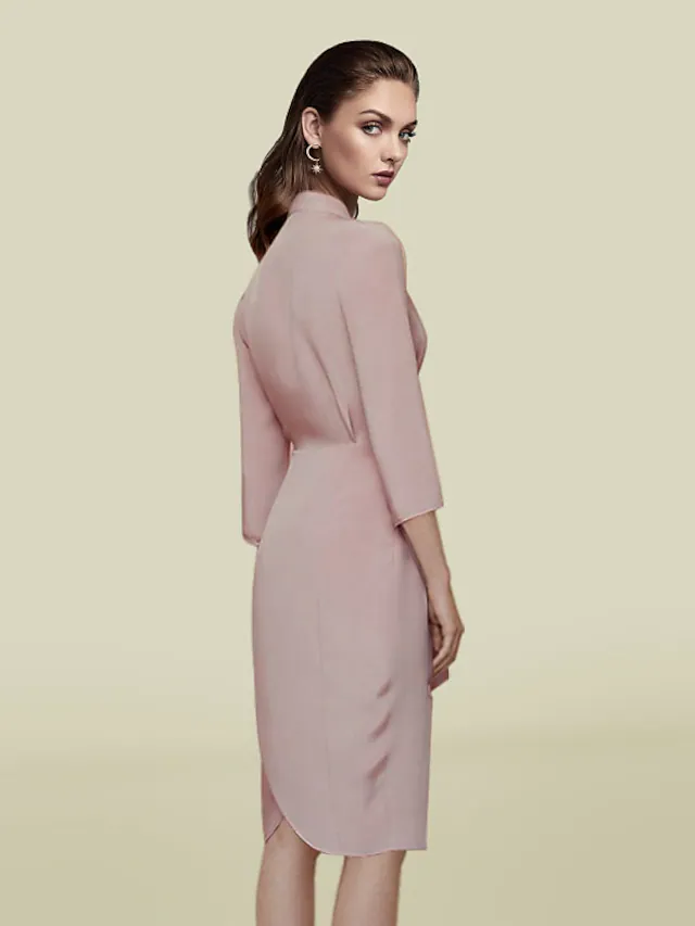 Mother of the Bride Dress Elegant V Neck Knee Length Charmeuse  Length Sleeve with Sash  Ribbon Pleats