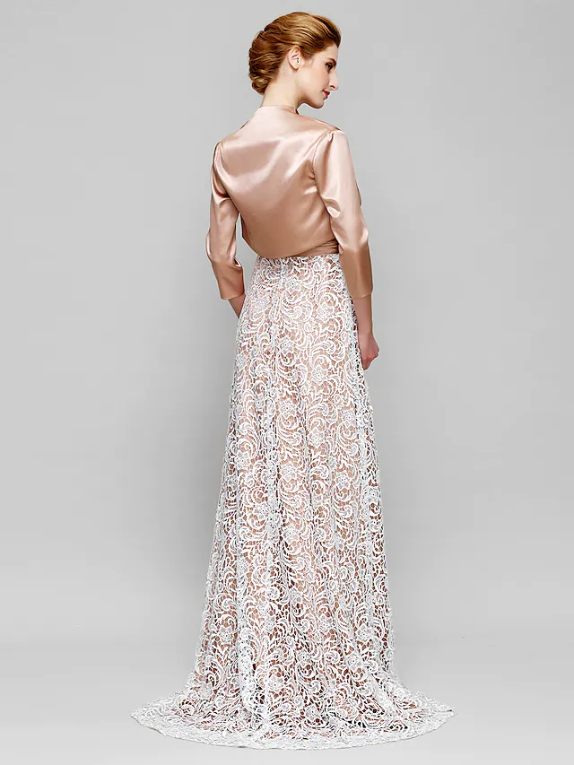 Kleid für die Brautmutter, wandelbares Kleid, Träger, Spitze, Charmeuse, lange Ärmel mit gerüschter Spitze