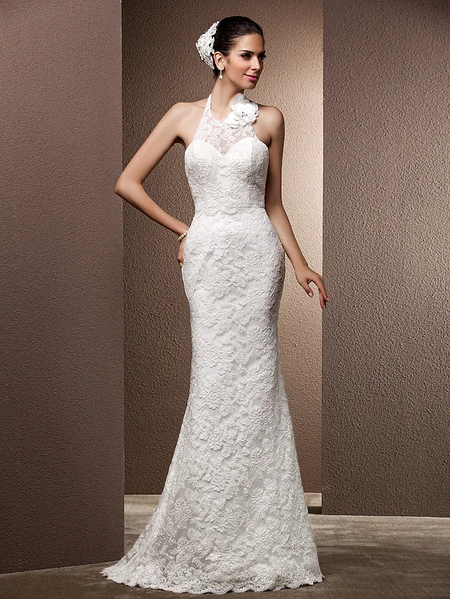 Wedding Dresses Halter Neck  Lace Regular Straps Open Back with Beading Flower Button