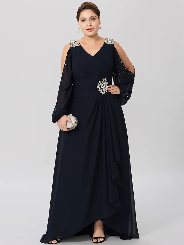 Kleid für die Mutter der Braut, klassisch und zeitlos, elegant und luxuriös, Übergröße, V-Ausschnitt, asymmetrisch, Chiffon, Stretch-Satin, lange Ärmel mit überkreuzten Kristallen