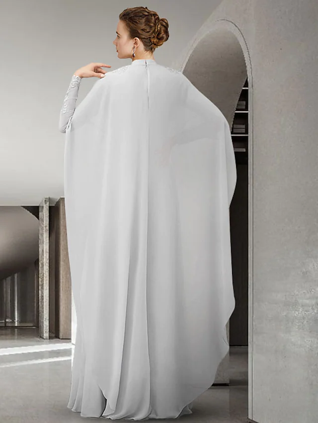 A-Linien-Kleid für die Brautmutter, elegant, hoher Halsausschnitt, Chiffon, Spitze, lange Ärmel mit Faltenapplikationen