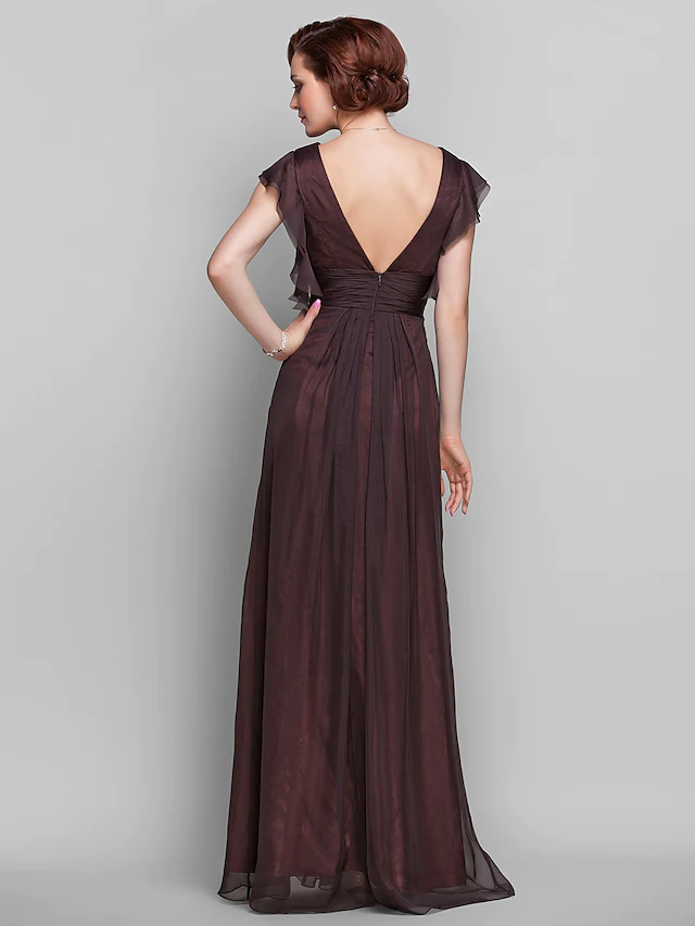 Kleid für die Mutter der Braut, schöner Rücken, V-Ausschnitt, bodenlang, Chiffon, kurze Ärmel, überkreuzte, gerüschte Drapierung