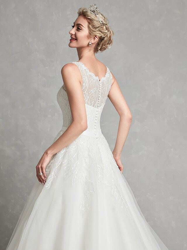 A-Line Wedding Dresses Scoop Neck Chapel Train Lace Tulle Regular Straps Formal Illusion Detail with Lace Sash  Ribbon