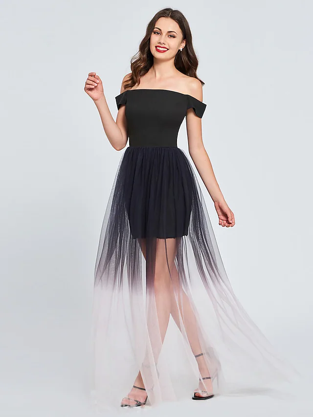 Minimalist Sexy Engagement Cocktail Party Dress Off Shoulder Sleeveless Short  Mini Tulle with Pleats