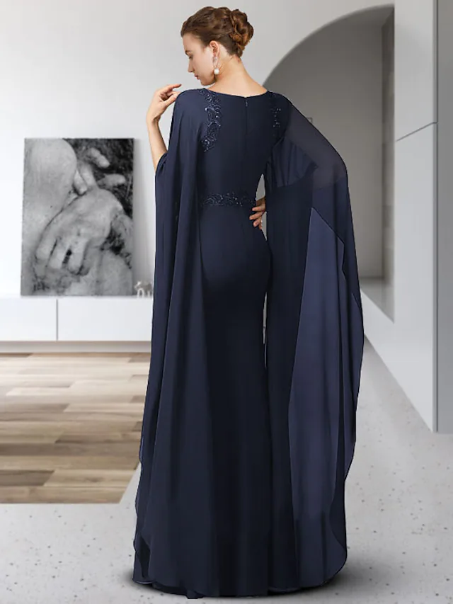 Kleid für die Brautmutter, elegant, Rundhalsausschnitt, bodenlang, Chiffon, lange Ärmel, mit Schärpenband-Applikationen