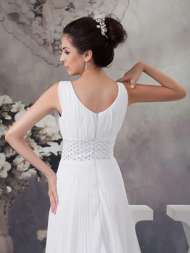A-Linie Brautkleider V-Ausschnitt Kapellenschleppe Chiffon Satin Normale Träger mit Kristallen Perlenbesatz Drapierung