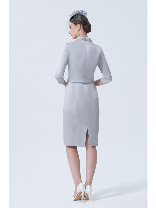 Kleid für die Mutter der Braut, Übergröße, elegant, Vintage, hoher Halsausschnitt, knielang, Satin, 3/4-Ärmel mit Kristall-Applikationen