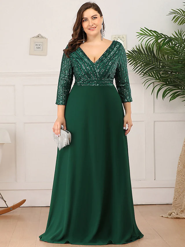 Kleid für die Brautmutter, Übergröße, elegant, V-Ausschnitt, bodenlang, Polyester, 3/4-Ärmel mit Pailletten