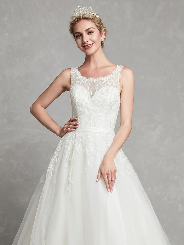 A-Line Wedding Dresses Scoop Neck Chapel Train Lace Tulle Regular Straps Formal Illusion Detail with Lace Sash  Ribbon