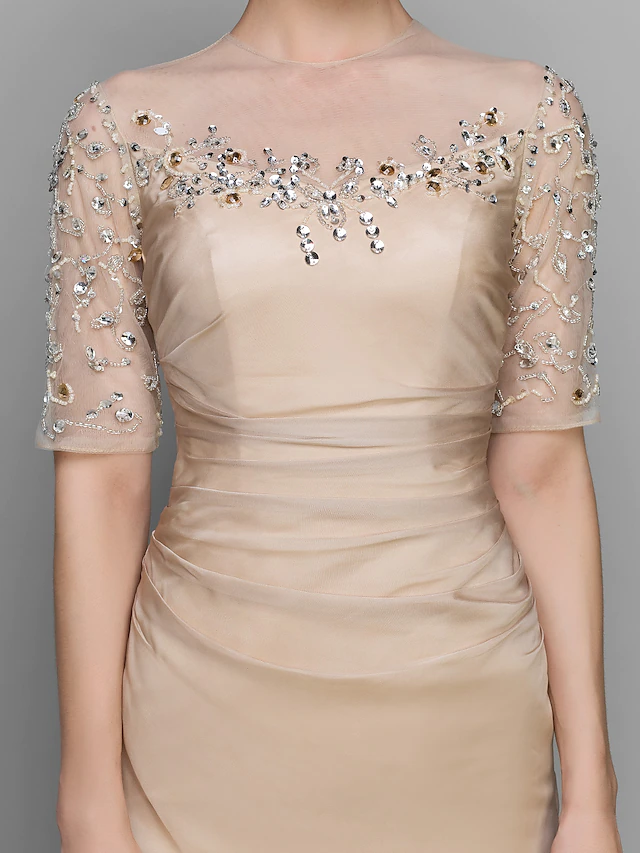 A-Line Mother of the Bride Dress Vintage Inspired Jewel Neck Ankle Length Chiffon Half Sleeve with Ruched Beading