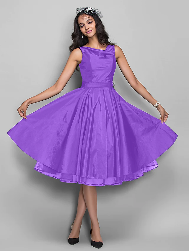 Ball Gown  Cocktail Party Prom Dress V Neck Sleeveless Knee Length Taffeta with Pleats Crystals