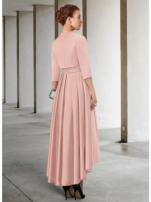 Kleid für die Brautmutter, elegant, Vintage, Rundhalsausschnitt, asymmetrisch, Spitze, Charmeuse, 3/4-Ärmel, mit Schärpe, Bandfalten