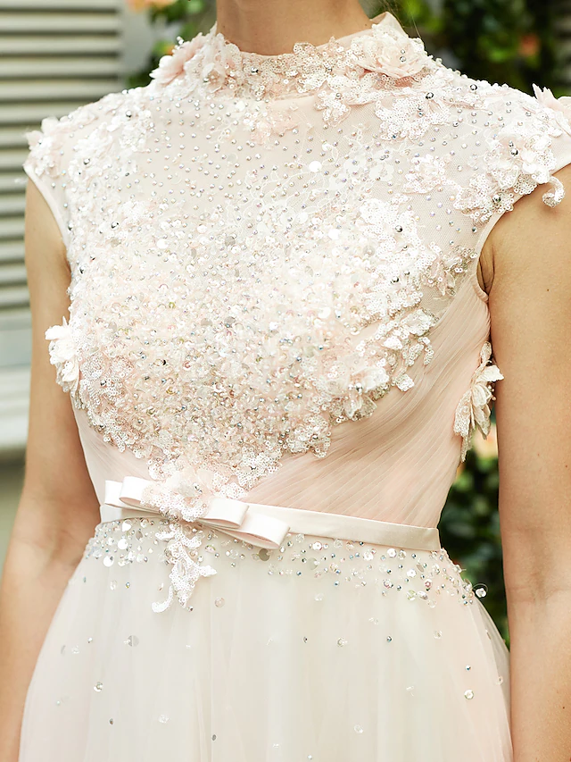 A-Line Wedding Dresses High Neck Sweep  Brush Train Tulle Short Sleeve Open Back with Bowknot Sash  Ribbon Beading