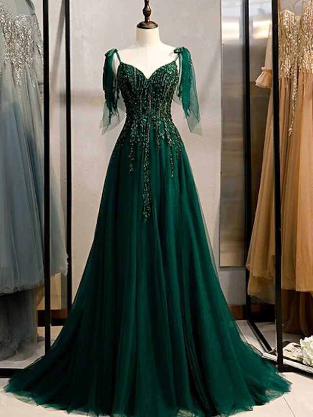 A-Line Elegant Engagement Formal Evening Dress Spaghetti Strap Sleeveless Sweep  Brush Train Polyester with Beading Embroidery