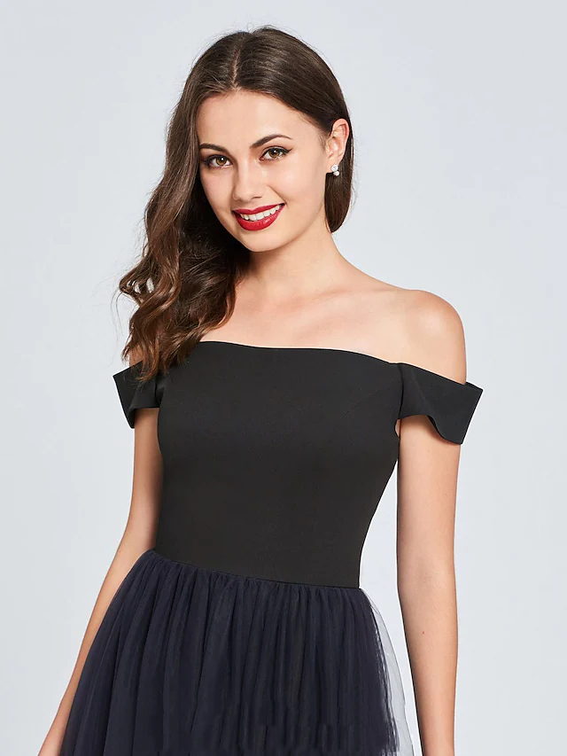 Minimalist Sexy Engagement Cocktail Party Dress Off Shoulder Sleeveless Short  Mini Tulle with Pleats