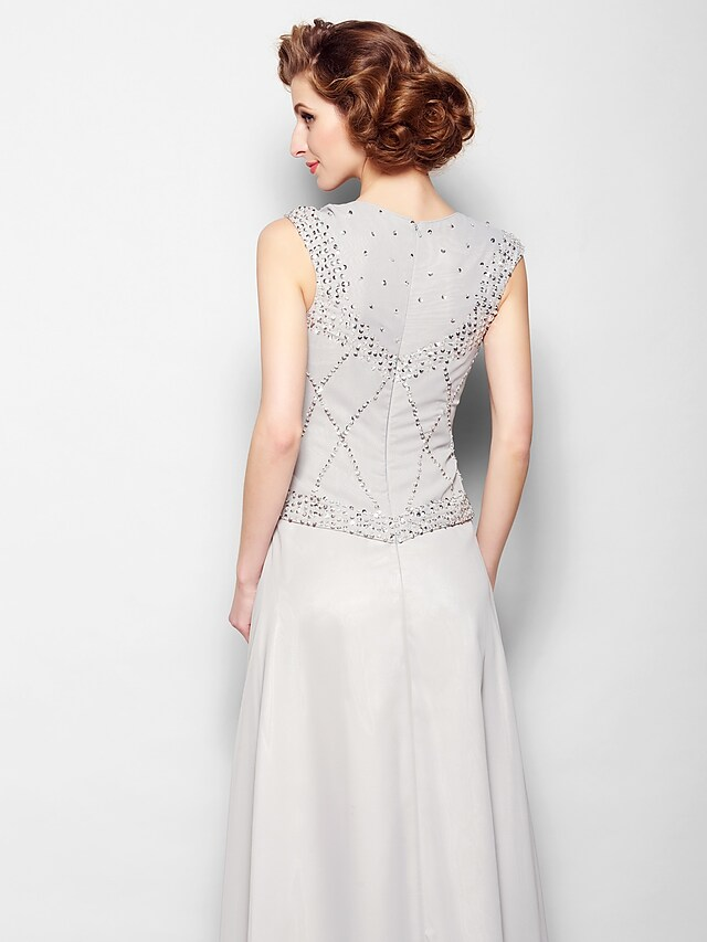A-Linien-Kleid für die Brautmutter, Vintage-inspiriert, quadratischer Ausschnitt, bodenlang, Chiffon, ärmellos, mit Perlenbesatz