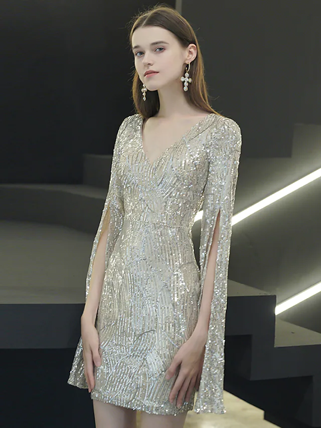 Sparkle Elegant Homecoming Cocktail Party Dress V Neck Long Sleeve Short  Mini Sequined with Sequin Split