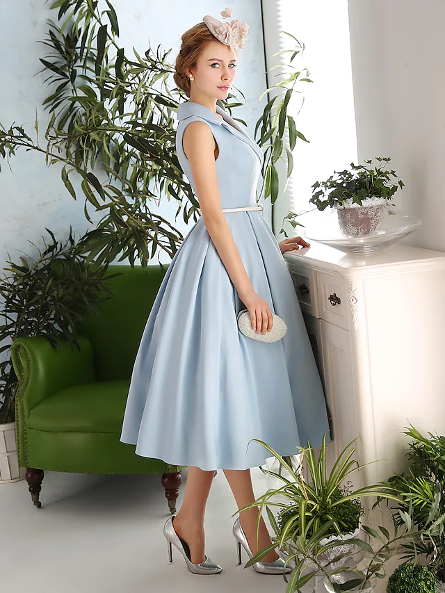 A-Line Elegant Vintage Inspired Cocktail Party Prom Dress V Neck Sleeveless Tea Length Spandex with Sash  Ribbon