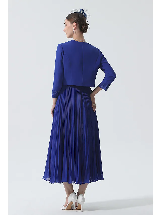 Zweiteiliges Kleid für die Mutter der Braut, elegant und luxuriös, Wickeldesign inklusive, U-Ausschnitt, knielang, Chiffon, 3/4-Ärmel mit Spitzenrüschen