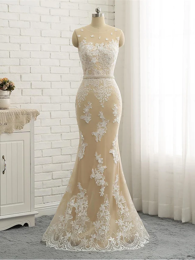 Wedding Dresses Jewel Neck Chapel Train Lace Tulle Lace Over Satin Regular Straps Formal See-Through with Sashes  Ribbons Pearls Appliques