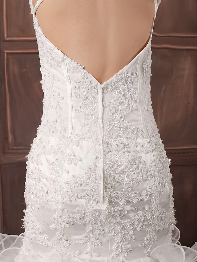 Brautkleider, herzförmiger Ausschnitt, Hofschleppe, Spitze, Organza, Satin, Spaghettiträger, sexy Illusionsdetail, rückenfrei, mit Perlenapplikationen, kaskadierende Rüschen