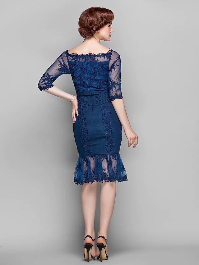 Kleid für die Brautmutter im Vintage-Stil, schulterfrei, knielang, Chiffon-Tüll, halbe Ärmel mit gerüschten Applikationen