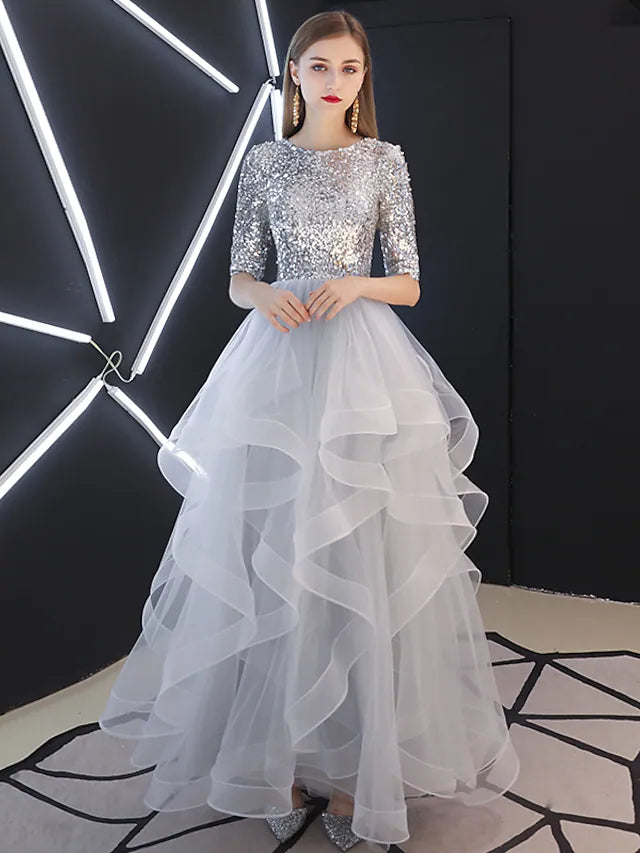 A-Linie Brautjungfernkleid mit Rundhalsausschnitt, halbe Ärmel, Sparkle &amp; Shine, bodenlang, Tüll mit Pailletten