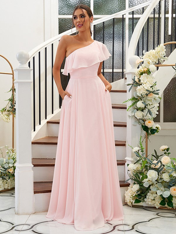 A-Linie/Princess-Linie Chiffon Rüschen One-Shoulder-Träger Ärmellos Bodenlang Brautjungfernkleider